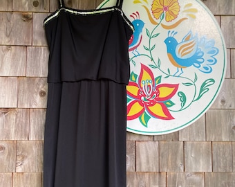 Vintage 70s black dress disco retro groovy dress with black and silver sequin around the bodice and straps by Lee Jordan of New York Small