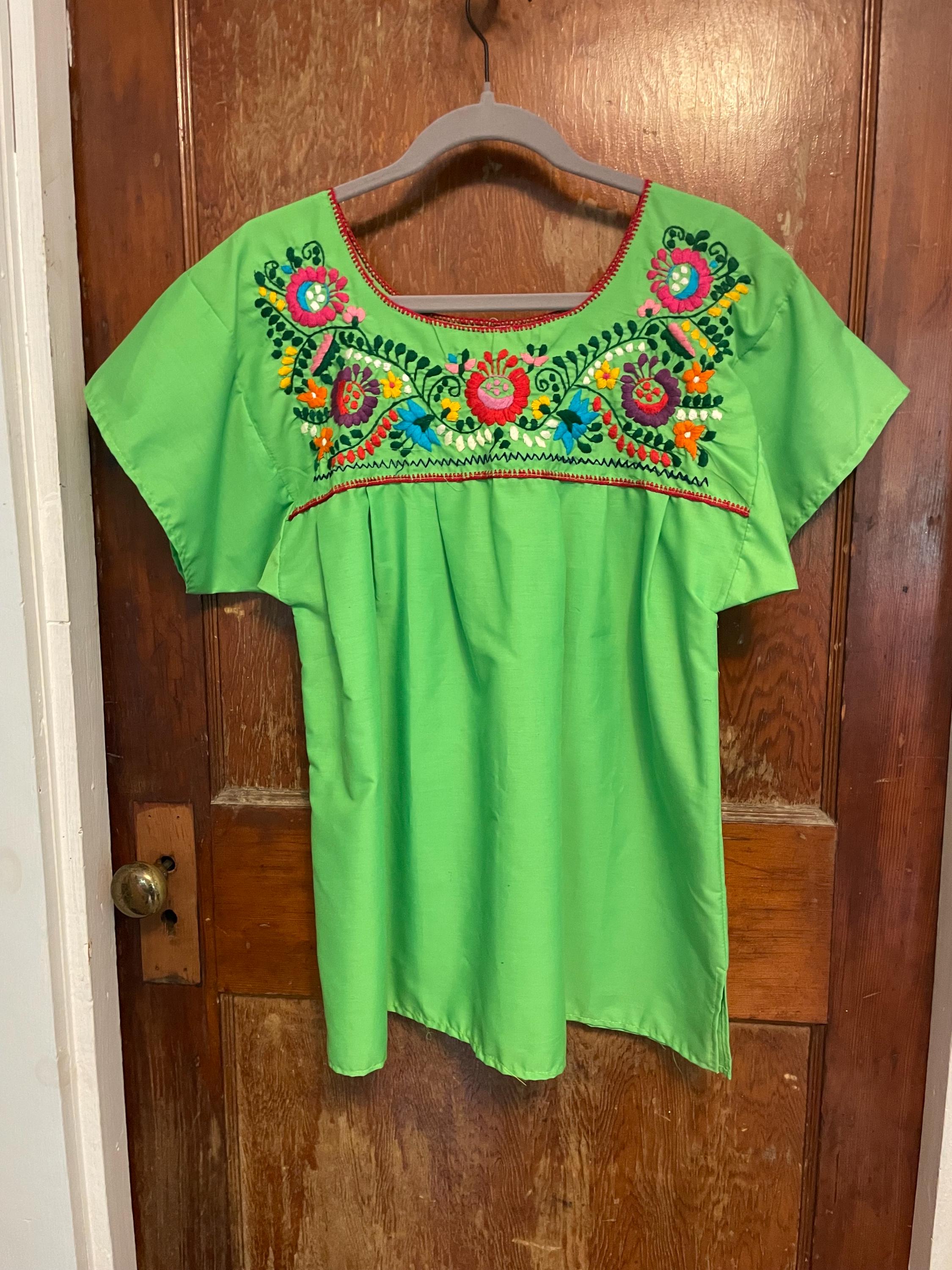 Vintage Embroidered Blouse Floral Bright Lime Green Boho