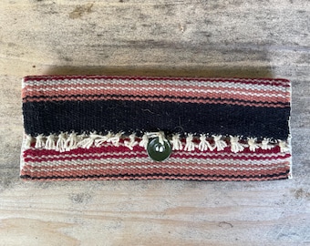 Handmade wallet Ortega weaving vintage buttons and material handsewn 9.5x3.75”