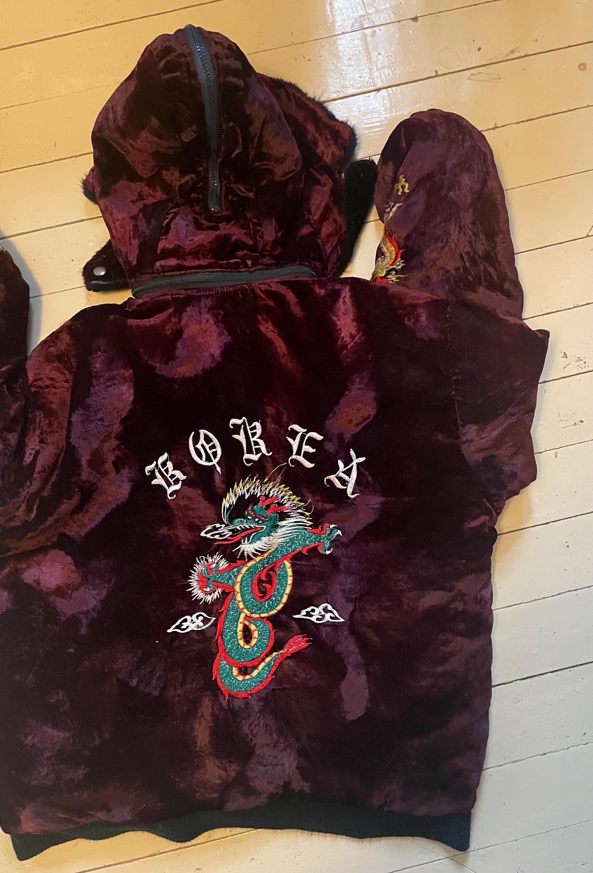 Vintage 80s Velvet Bomber Jacket Souvenir Jacket Detachable Hood