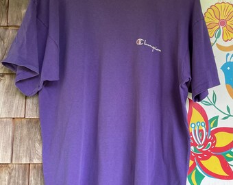 Vintage Champion t-shirt cotton purple US made 1980s early 90s XL DAMAGED