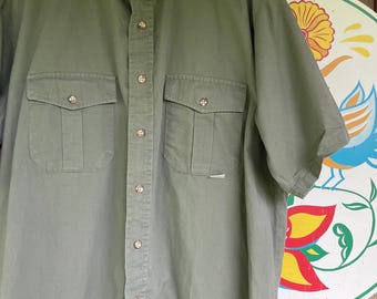 Vintage 90s Duxbak short sleeve oxford military style safari drab green large