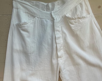 Vintage 20s handmade white wide leg cotton pants button fly tie back antique navy style