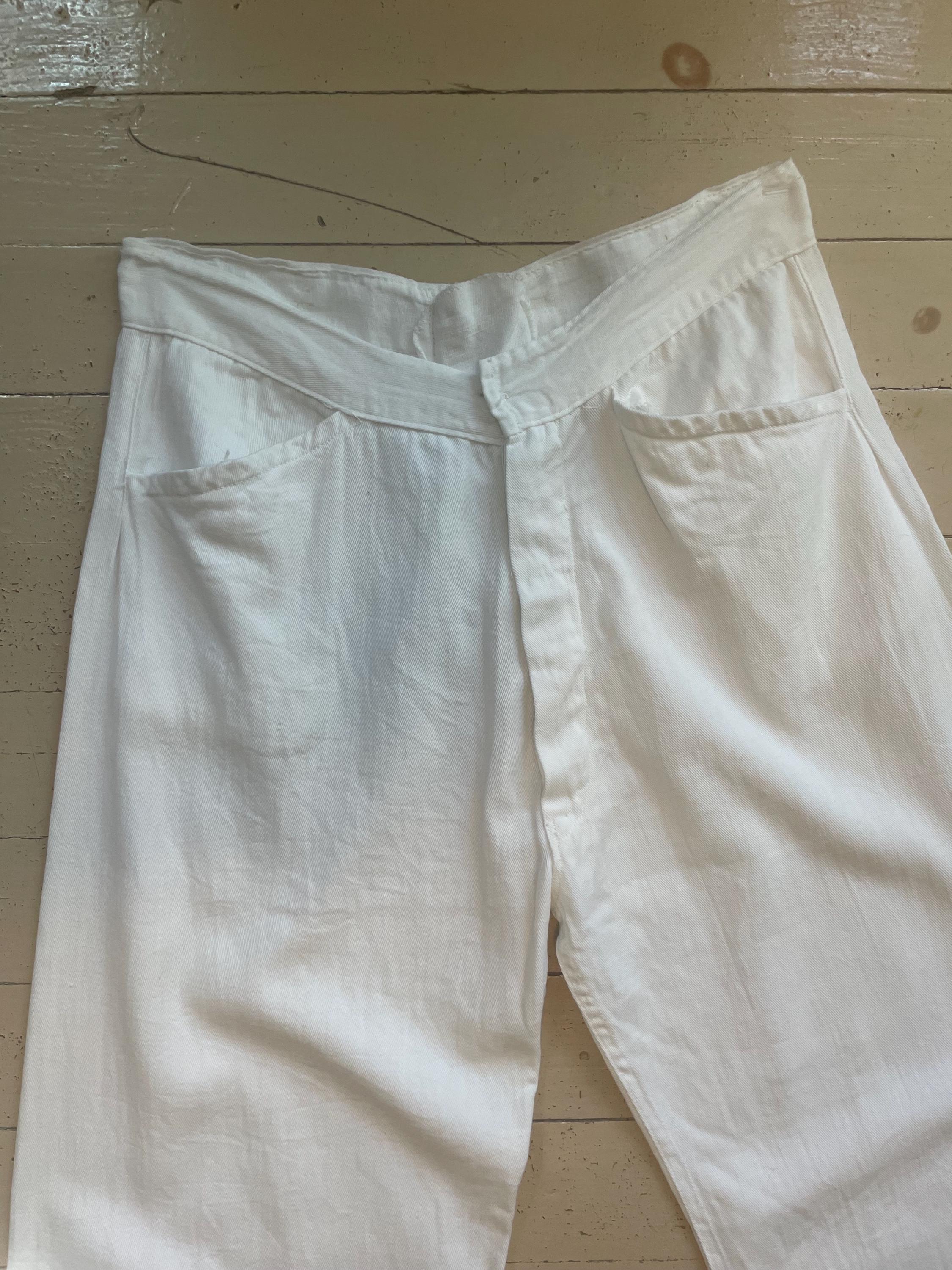 Vintage 20s Handmade White Wide Leg Cotton Pants Button Fly
