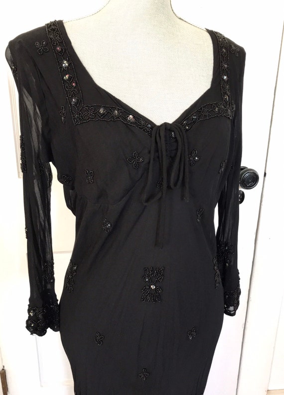 Vintage Dress 90s black beaded rayon witchy goth v
