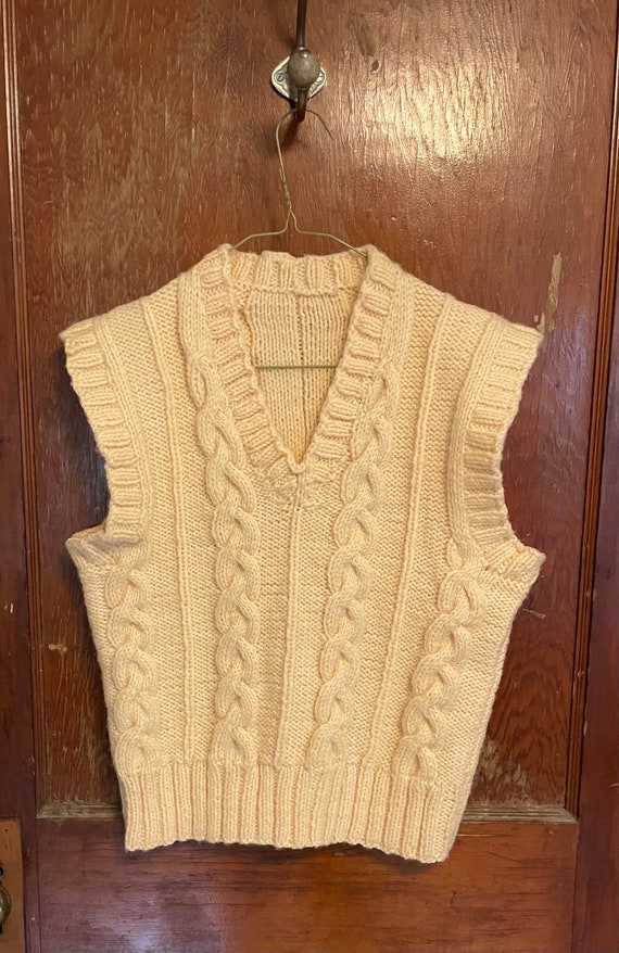 Vintage vest handmade cable knit vneck wool yellow