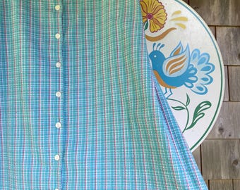 Vintage a-line skirt seersucker material plaid front buttons with pockets XXL