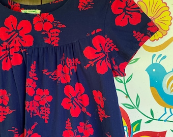 Vintage 70s MuuMuu Hawaiian made navy blue with red tropical flowers by Ui-Maikai cotton S