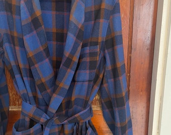 Vintage 60s Pendleton robe turned jacket plaid wool blue visible mends upcycled