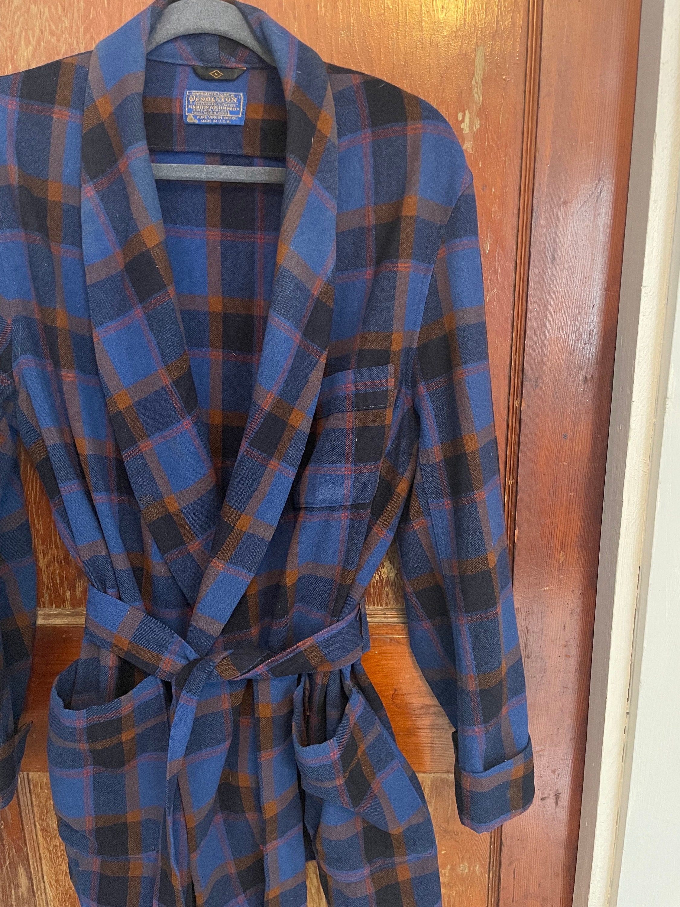 Vintage 60s Pendleton robe turned jacket plaid wool blue visible mends upcycled