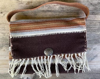 Handmade purse leather top handle made from vintage Ortega’s weaving,  antique fabric, zipper and silver concho button