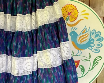 Vintage square dance skirt handmade elastic waist cotton material and lace purple, blue and green pattern