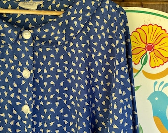 Vintage rayon blouse sailboat pattern Peter Pan collar by Deborah Parker large