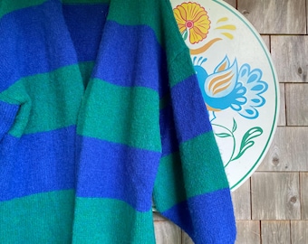 Handmade balloon sleeve striped open long sweater blue and green super soft