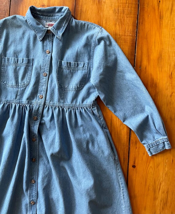 Vintage Denim Dress Shirtwaist Modest Denim Button Down Duster Blue by Fads