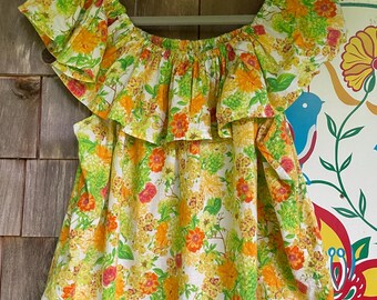Handmade ruffle collar top with elastic neckline on or off shoulder fit floral cotton blouse