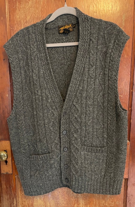 Vintage 90s wool vest cableknit pockets grandpa o… - image 3