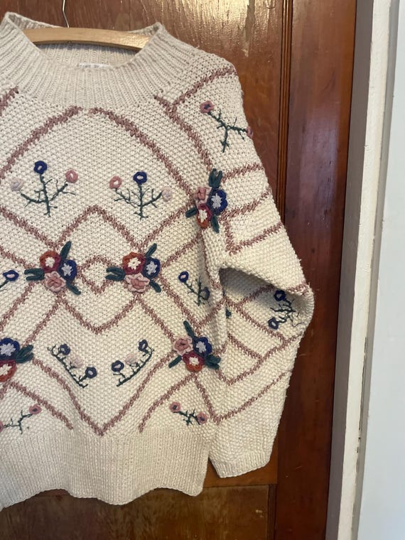 Pull Vintage Années 90 Jardin - Motif Floral, Couleur Crème, Taille L, En Coton
