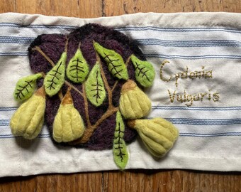Handmade banner botanical needle felted embroidery Quince