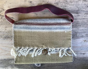 Handmade purse leather top handle made from vintage Ortega’s weaving antique fabric and buttons Owl