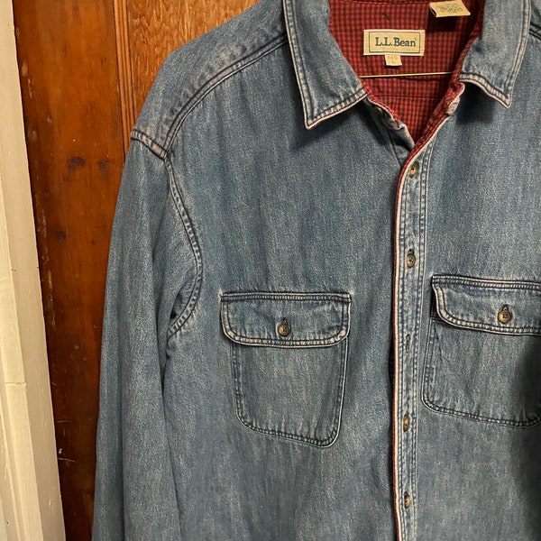 Vintage 90s LL Bean denim and flannel lined shacket shirt jacket