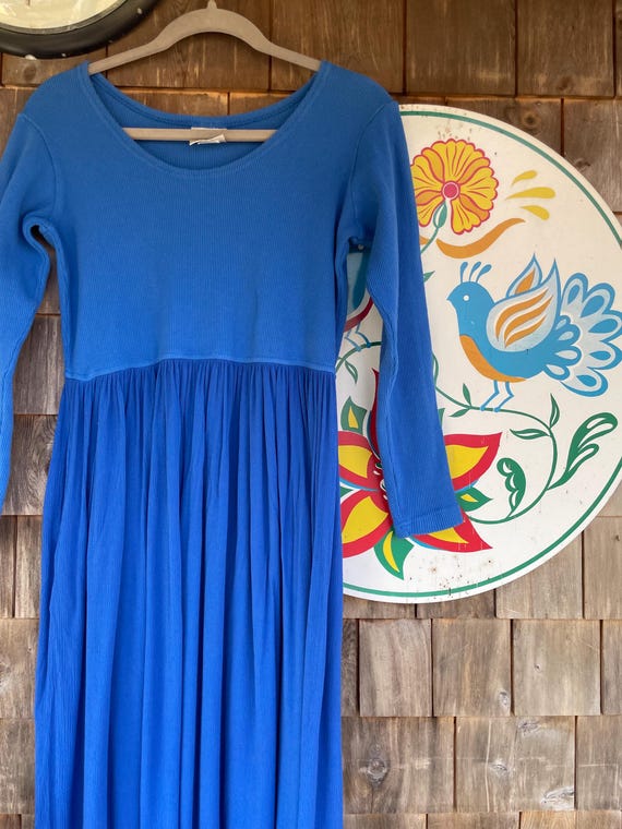 Vintage 90s Dress Blue Empire Waist Long Sleeve Dress