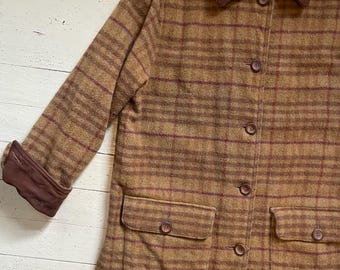 Vintage 90s wool coat barn coat leather cuffs and collar plaid lined barn coat by Mark Shale US made