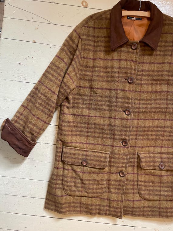 Vintage 90s wool coat barn coat leather cuffs and collar plaid lined barn coat by Mark Shale US made