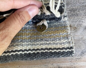 Handmade wallet Ortega weaving vintage buttons and material handsewn 9.5x3.75”