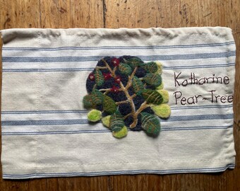 Handmade botanical banner  with a needle felted plant and embroidery Katharine Pear