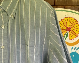 Vintage 90s LL Bean short sleeve oxford blue and white striped cotton men’s 16 1/2