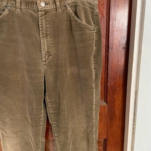 May include: A pair of brown corduroy pants with a straight leg fit. The pants have a zipper fly and button closure.