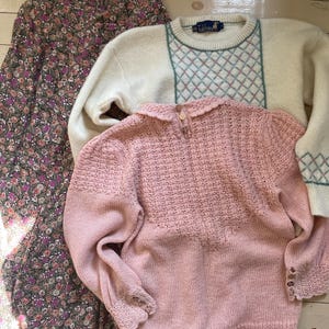 Vintage 80er Jahre Pullover handgemachte Wollpullover Puffärmel Kragen Bündchen Knöpfe Rosa