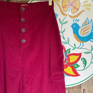 May include: A pair of high-waisted, magenta corduroy pants with a button-up front and a single pocket. The pants are hanging on a wooden hanger. The background includes a decorative, round, painted tray with floral and bird designs.