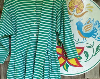 Vintage 90s striped cotton dress mint and white shirtwaist dress belted with pockets by Intime for Brownstone Studio all cotton Large