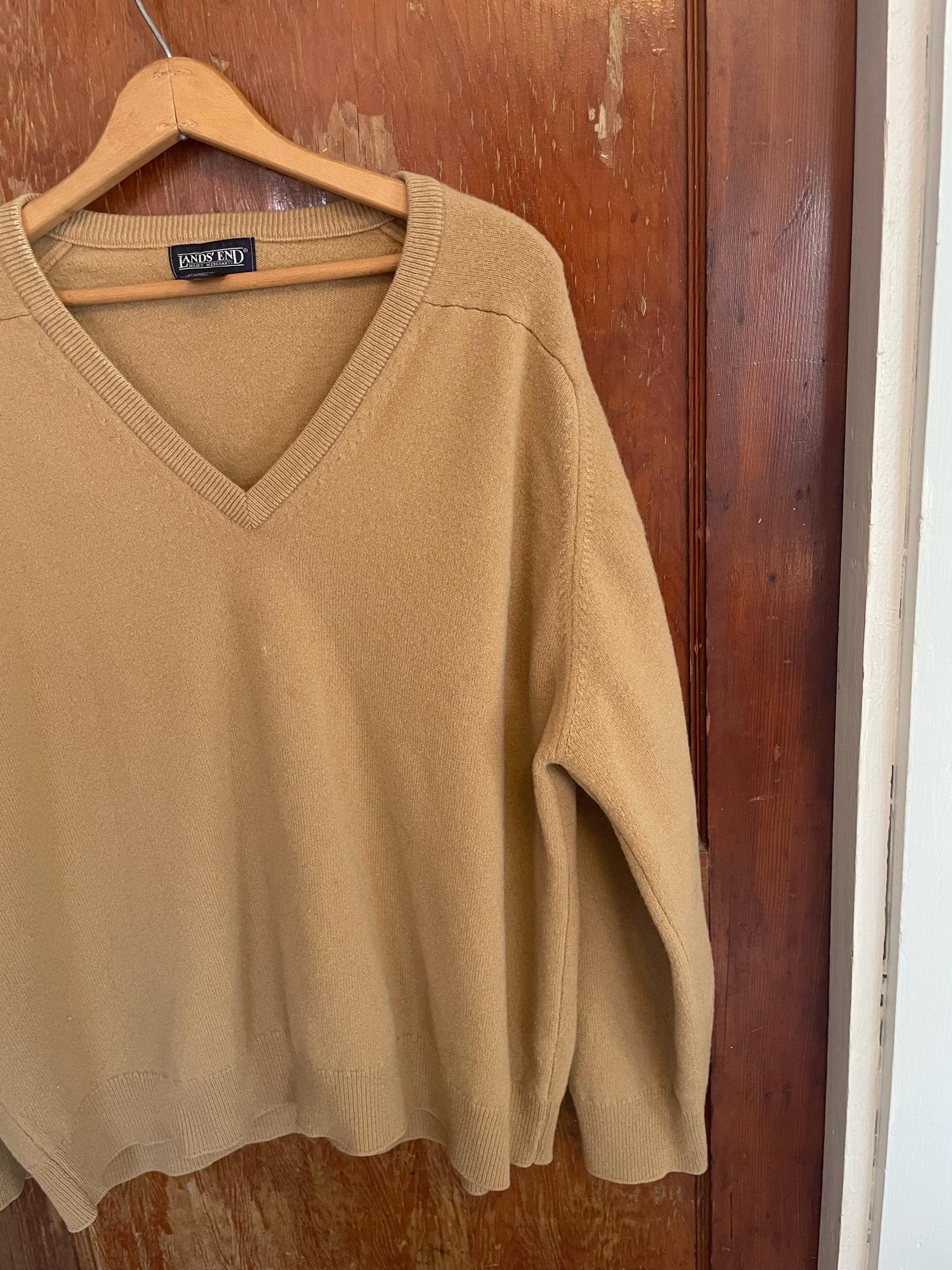 Vintage 90s v-neck wool sweater by Lands End camel color lambswool 