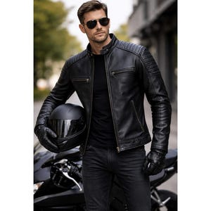 Jaqueta de couro bovino para motociclista masculina – Proteção CE nível 2, forro de Kevlar