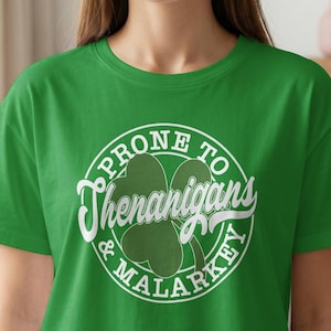 St Patrick’s Day Cropped Tee “Prone To Shenanigans & Malarkey”, Irish Shamrock Shirt For Women, St Patty’s Party Top, Funny Irish Outfit