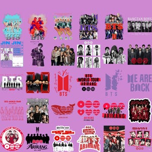 Könnte beinhalten: Eine Sammlung von Aufklebern mit der südkoreanischen Boyband BTS. Die Aufkleber zeigen verschiedene Gruppenfotos, Logos und Tour-Marken. Die Farbpalette umfasst Schattierungen von Lila, Rot und Weiß.
