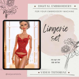 May include: A digital embroidery design advertisement featuring a doll wearing a red lingerie set. The image is displayed on a tablet, with text that reads "Lingerie set" and "Digital Embroidery". The background is a soft pink with floral accents.