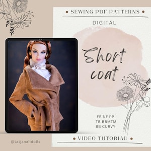 May include: A digital sewing pattern for a short coat, displayed on a tablet. The image features a doll wearing a brown coat. Text on the image includes "Short coat", "Sewing PDF Patterns", and "Video Tutorial".