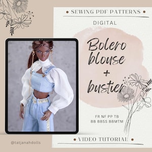 Könnte beinhalten: Digitales Schnittmuster für eine Bolero-Bluse und ein Bustier. Das Bild zeigt eine Puppe in einem Outfit im Jeans-Stil mit einer weißen Bluse und einem hellblauen Jeans-Oberteil und einer Hose. Der Text auf dem Bild lautet "Bolero Bluse + Bustier".