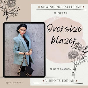 Könnte beinhalten: Digitales Schnittmuster für einen Oversize-Blazer. Das Bild zeigt eine Puppe, die einen hellblauen Blazer mit einem schwarzen Kleid und einer Handtasche trägt. Der Text auf dem Bild lautet "Oversize blazer" und "Sewing PDF Patterns".