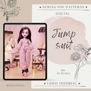 May include: A doll wearing a long-sleeved pink jumpsuit with a black heart pattern, featuring a small bow at the waist and black ribbon ties at the ankles. The text on the image reads SEWING PDF PATTERNS, DIGITAL, Jump suit, MH G1 G3 dolls, and VIDEO TUTORIAL.