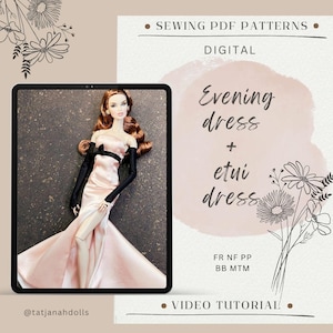 Puede incluir: Patrón de costura digital para un vestido de noche y un vestido etui. La imagen muestra una muñeca con un vestido de noche rosa claro con detalles en negro y guantes largos negros. El texto incluye "Evening dress + etui dress" y "Video Tutorial."