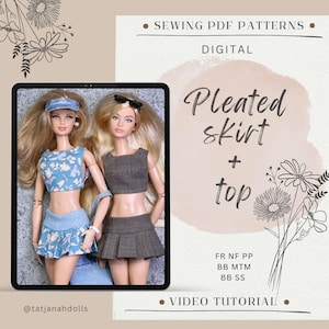 May include: Digital sewing pattern for a pleated skirt and top, featuring two dolls in matching outfits. The outfits include a blue floral crop top and skirt, and a gray crop top and skirt. The image includes the text "Pleated skirt + top".