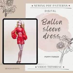 Könnte beinhalten: Ein digitales Schnittmuster für ein rotes Ballonärmelkleid, das auf einem Tablet angezeigt wird. Das Kleid wird von einer Puppe getragen. Das Bild enthält den Text "Ballon sleeve dress" und "POPPY PARKER". Der Hintergrund ist hellbeige mit floralen Illustrationen.