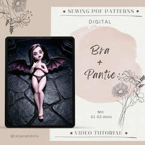Könnte beinhalten: Ein digitales Schnittmuster für ein Puppen-BH- und Höschen-Set mit dem Text SEWING PDF PATTERNS, DIGITAL, Bra + Pantie, MH G1 G3 dolls und VIDEO TUTORIAL. Das Bild zeigt eine blasse Puppe mit dunklem Haar und Fledermausflügeln.