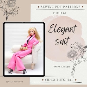 May include: A digital image featuring a doll in a pink suit, seated on a white couch. The image is displayed on a tablet. Text on the image includes "Elegant suit" and "Sewing PDF Patterns". The doll is holding a gold clutch and wearing black heels.