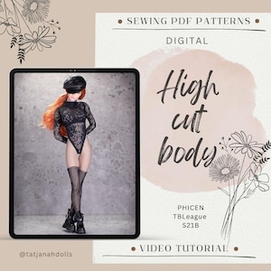 May include: A doll wearing a black lace bodysuit, hat, and boots is displayed on a tablet. The image is set against a neutral background with text that reads "High cut body" and "Sewing PDF Patterns".